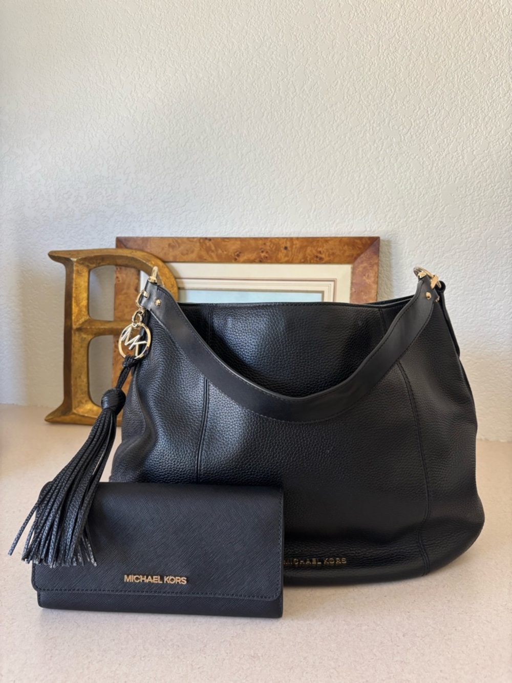 MICHAEL KORS Black Pebbled Leather Shoulder Hobo with Tassel and Matching Wallet